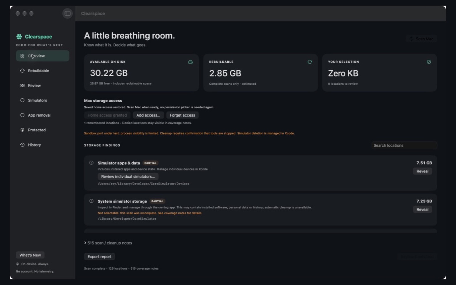 Clearspace overview showing available disk space, rebuildable caches and storage findings like simulator data